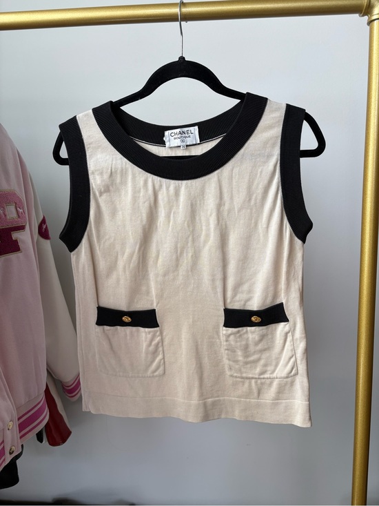 CHANEL Tops - Vintage CHANEL Cream Tank Top with Black Trim and Gold Buttons